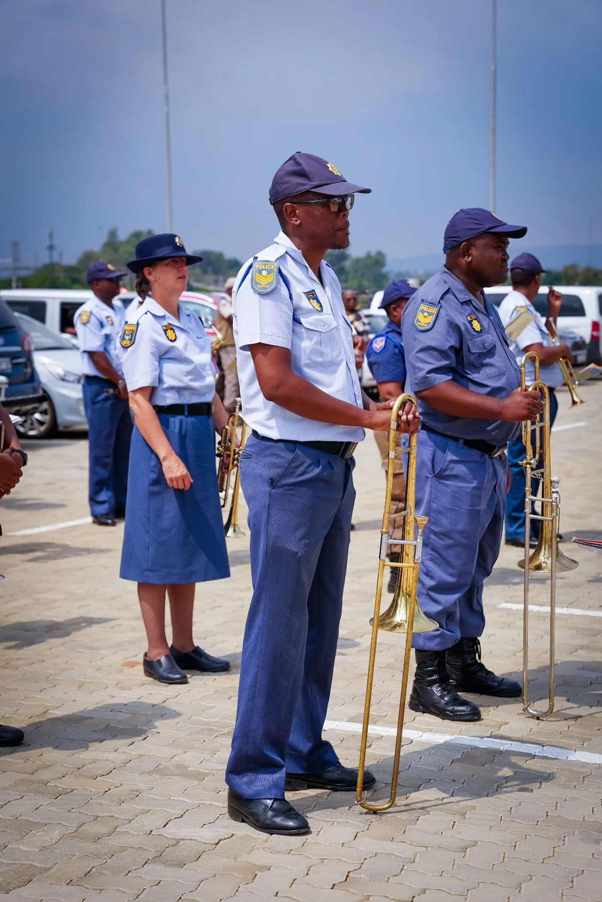 Police band members with trombones