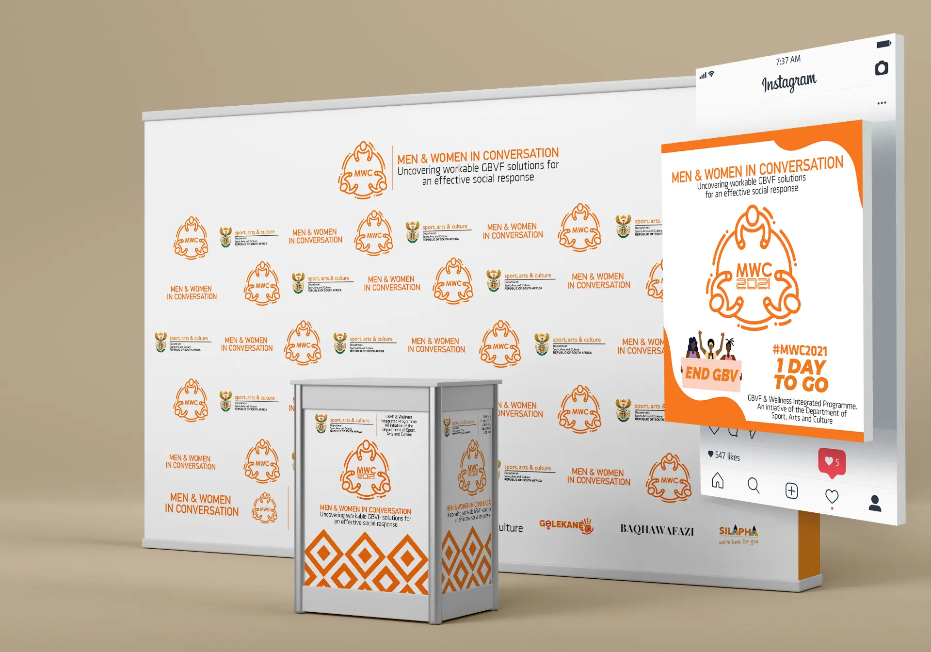 The campaign backdrop and Instagram presence sharing one consistent visual identity.